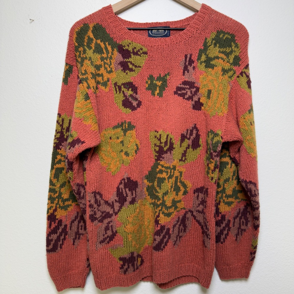 VTG‎ 80s British Khaki Women Cotton Sweater Pink Floral Knit Cottage Intarsia